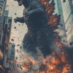 Destruction themed Godzilla wallpaper with debris flying around collapsing city.