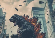 Destruction themed Godzilla wallpaper with debris flying around collapsing city.