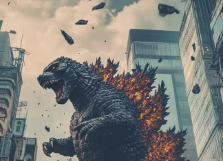 Destruction themed Godzilla wallpaper with debris flying around collapsing city.