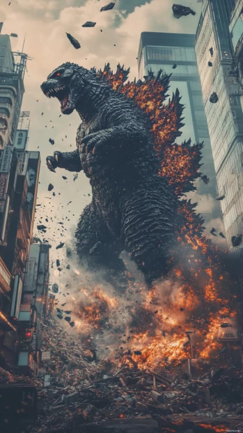 Destruction themed Godzilla wallpaper with debris flying around collapsing city.