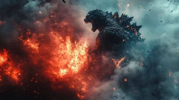 Detailed Godzilla x Kong wallpapers with high contrast fire and smoke battle.