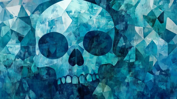 Detailed blue skull, sharp lines, metallic reflections, surrounded by abstract blue smoke.