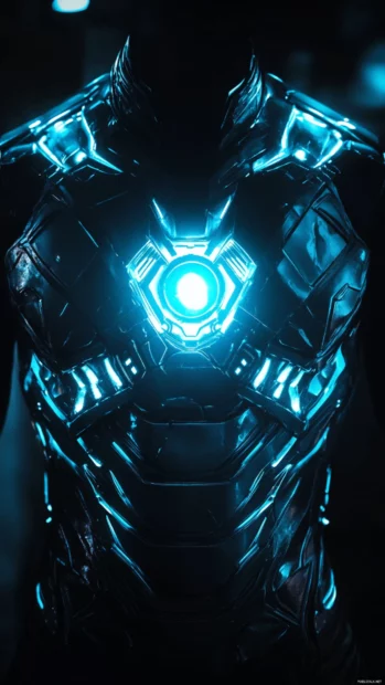 Detailed chestplate of Iron Man glowing blue in shadows.