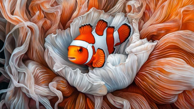 Detailed close up of a clownfish nestled in a sea anemone, showcasing the bright orange and white colors and the delicate tentacles around it.