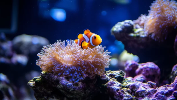 Detailed close up of a clownfish nestled in a sea anemone, showcasing the bright orange and white colors and the delicate tentacles around it.