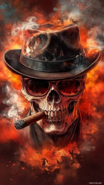 Detailed gangster skull in a fedora with a bullet hole, dark sunglasses, cigar, and shadowy smoke.