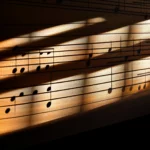 Detailed music notes on musical staff under sunlight with soft window shadows.