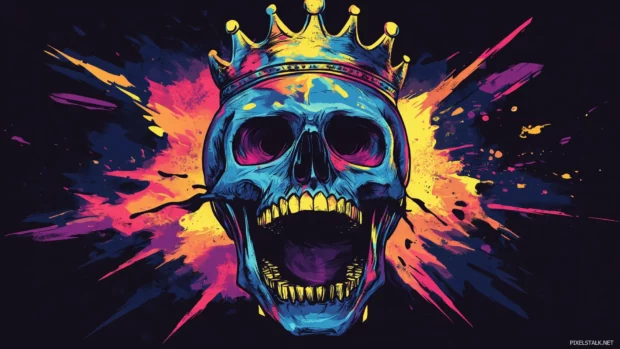Detailed skull and crown illustration, vibrant colors, t shirt vector art.