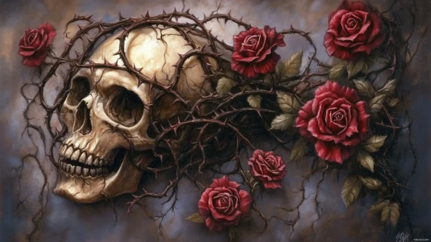 Detailed skull, thorny rose vines, blooming red roses, dark dramatic background.