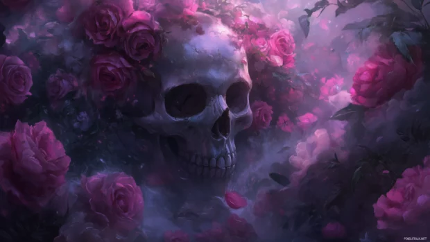 Detailed skull, vibrant roses, peonies, misty background, dark and soft color blend.
