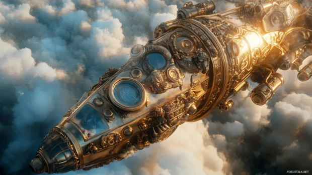 Detailed steampunk airship flying over clouds with copper and brass elements.