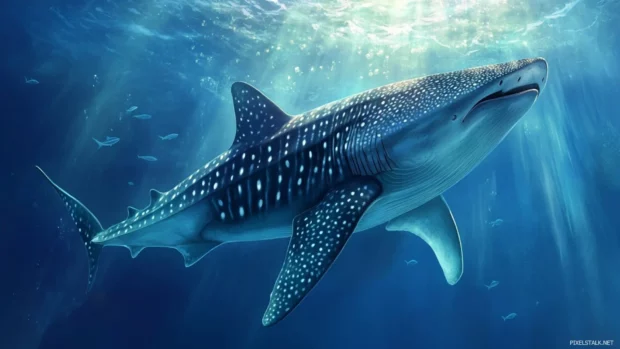 Detailed whale shark illustration in oceanic wallpaper for marine life lovers.