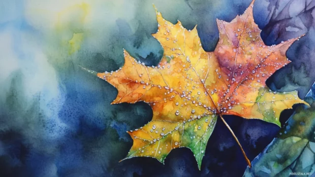 Dew covered leaves sparkling in early watercolor dawn light.