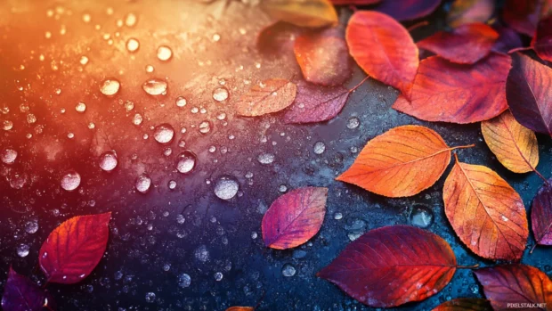 Dewdrops sparkling on Beautifull fallen leaves.