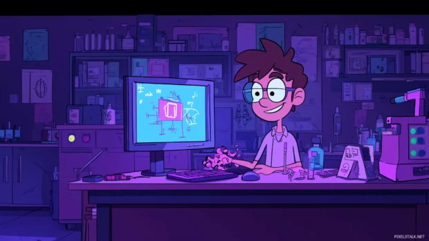 Dexter in his laboratory, surrounded by his inventions and Dee Dee causing chaos, with the Cartoon Network logo on a lab monitor.