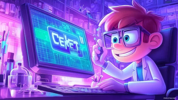 Dexter in the lab, surrounded by inventions, Dee Dee causing chaos, Cartoon Network logo on monitor.