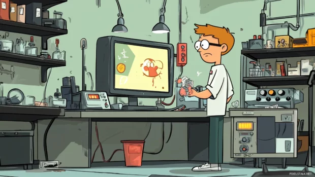 Dexter with inventions, Dee Dee causing chaos in the lab, Cartoon Network logo on monitor.