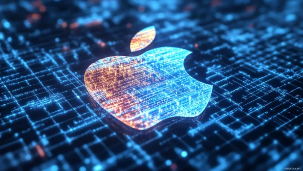 Digital Apple logo glowing within pixelated digital grid, techy design.