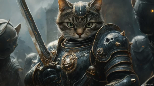 Digital art of Cat PC Wallpapers featuring a fantasy armored cat knight.