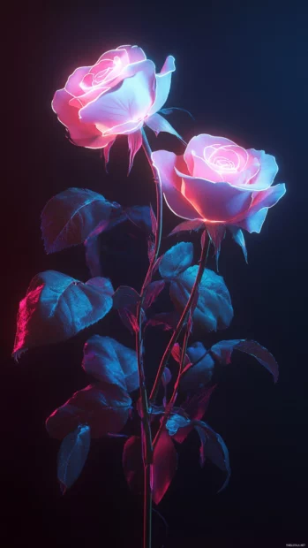 Digital art of roses with a neon glow effect.