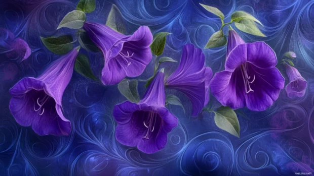Digital art of violet trumpet flowers in patterned layout.