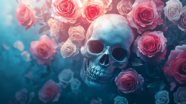 Digital art skull, vibrant roses, glowing petals, dreamlike atmosphere.