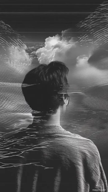 Digital chaos of night tones, scattered reflections, and inverted grids for dark trippy fans.