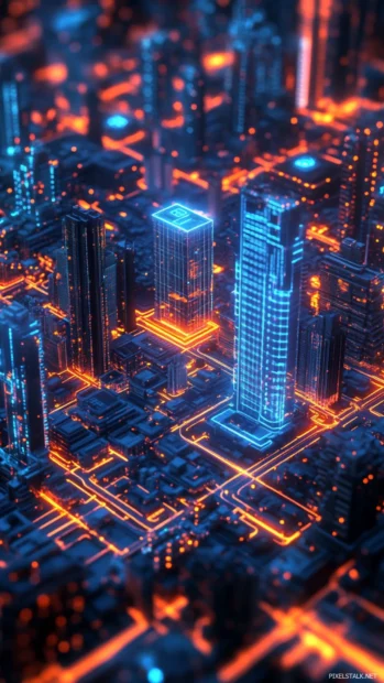Digital city with glowing neon outlines.