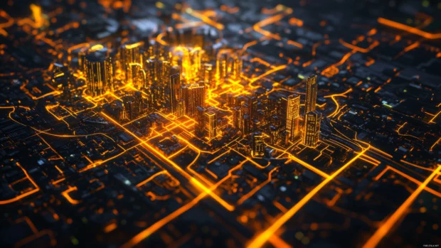 Digital cityscape glowing with cyber energy, a popular pick for 4K Cyberpunk backgrounds.