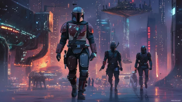 Digital concept art of Mandalorian bounty hunters walking through a futuristic cityscape, designed for Star Wars PC Wallpapers.
