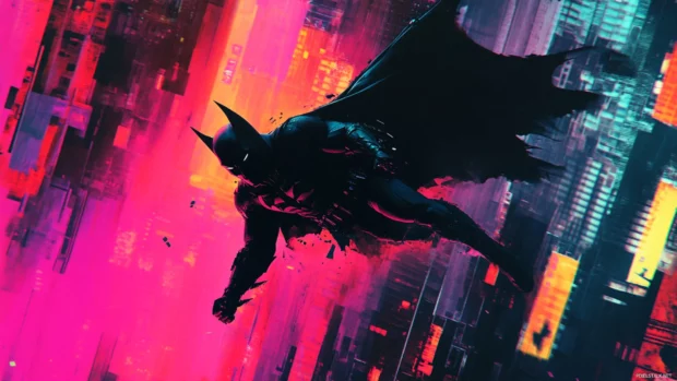 Digital glitch art of Batman diving into cyberspace.
