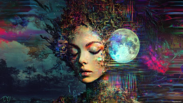 Digital glitch art with a dark surreal background.
