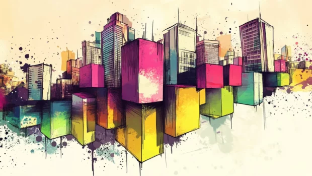 Digital graffiti cityscape design with floating skyline blocks.