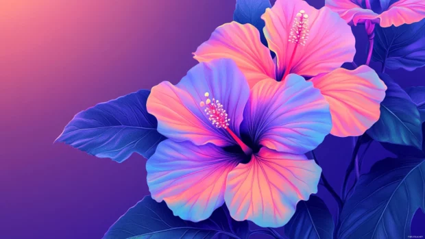 Digital hibiscus bouquet with bold outlines and gradients, trending floral wallpaper background for desktops.