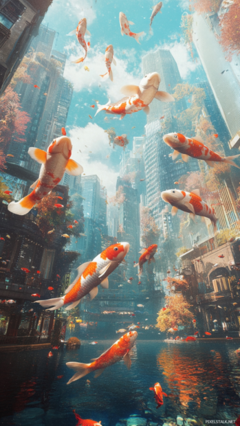 Digital koi fish swim through the air in a floating cyber plaza.