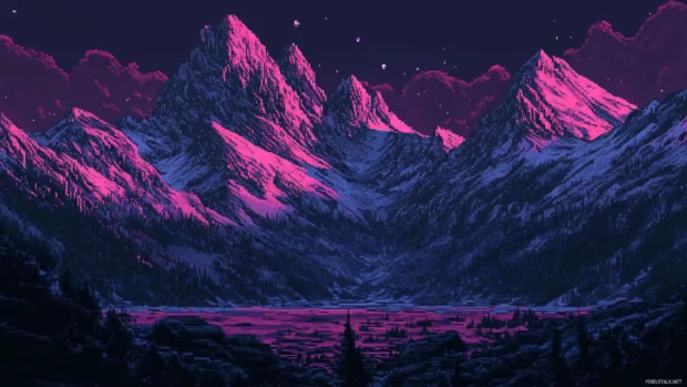 Digital landscape filled with dark pixel mountains.