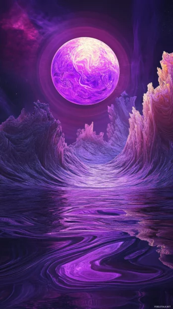 Digital melting horizon with purple sun and chromatic waves in surreal trippy concept.