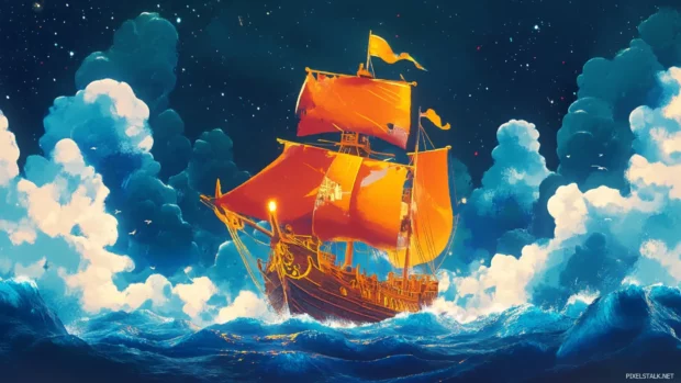Digital painting of a pirate ship in storm.