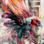 Digital pixels fragmenting into feathers in a striking art graffiti wallpaper.