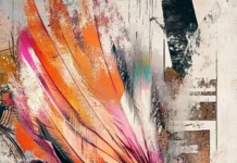 Digital pixels fragmenting into feathers in a striking art graffiti wallpaper.