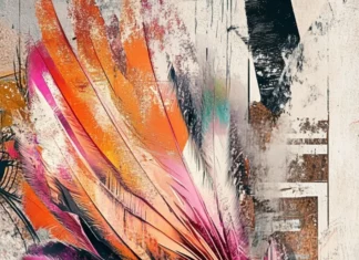 Digital pixels fragmenting into feathers in a striking art graffiti wallpaper.