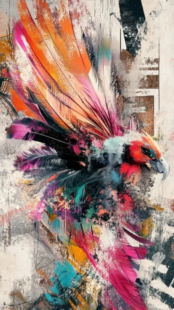 Digital pixels fragmenting into feathers in a striking art graffiti wallpaper.