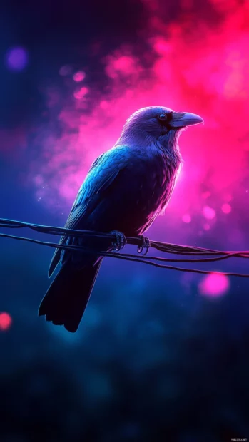 Digital raven perched on a neon wire during nightfall.