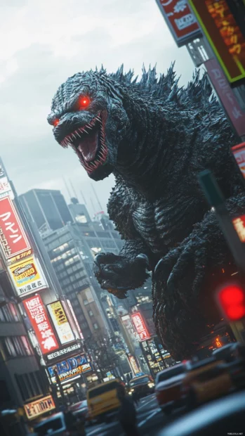 Digital signs short circuit as Godzilla enters a cyberpunk city.