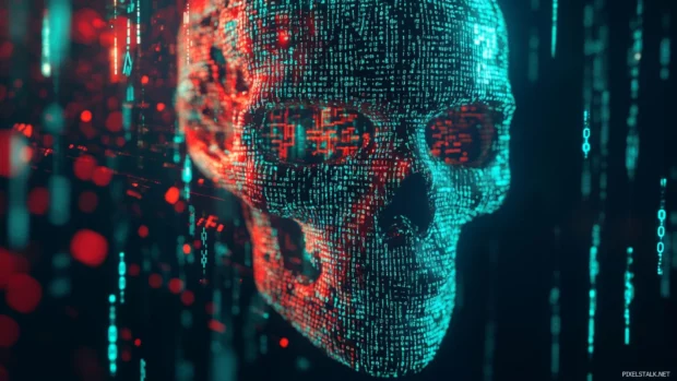 Digital skull dissolving into binary code streams.