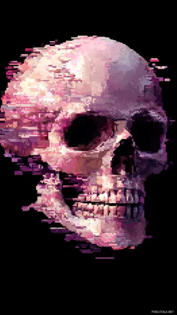 Digital skull fragmented with pixel glitch effects.