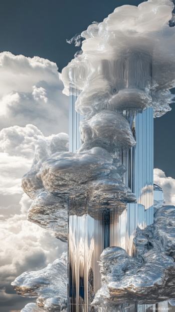 Digital storm clouds swirl above a tower of chrome and glass.
