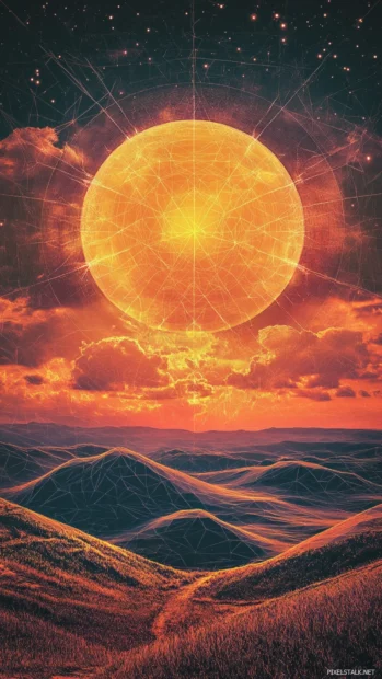 Digital sun over polygon hills in retro futurism wallpaper for phone.