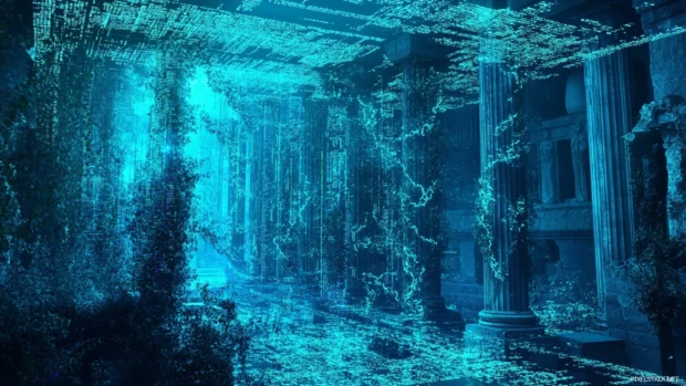 Digital temple ruins buried under layers of code and light vines.