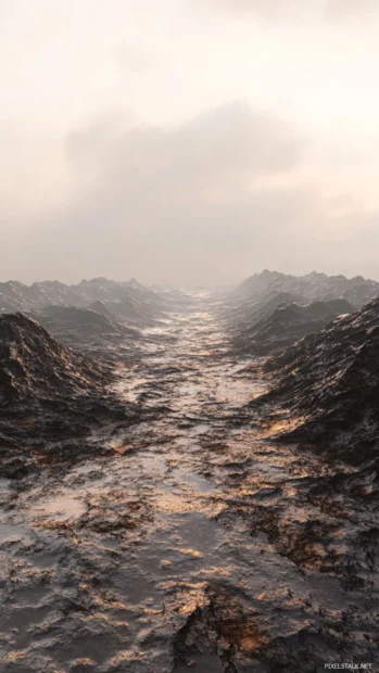 Digital terrain fading into dark horizon with chrome shine.